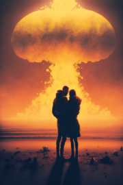 Lovers embrace; a nuclear explosion.